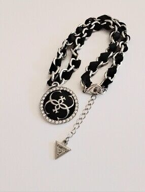 GUESS Black and Silver Chain Necklace with Crystal-Edged Logo Medallion